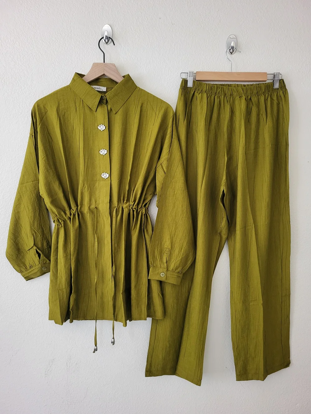 Oil Yellow Tunic Set Rhinestone Buttons Wide Leg Pants Modest XL